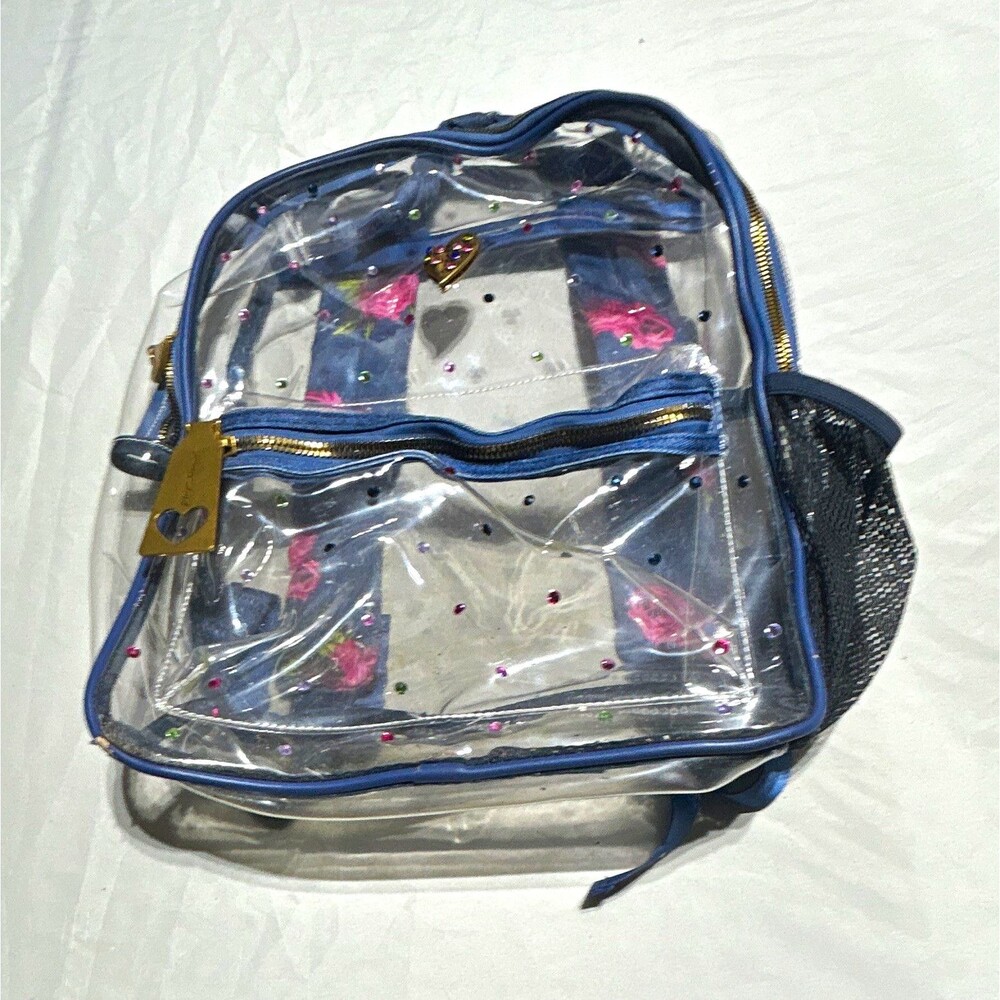 Betsey Johnson Clear PVC Backpack Rhinestone Floral Straps Blue Trim Mesh Pocket